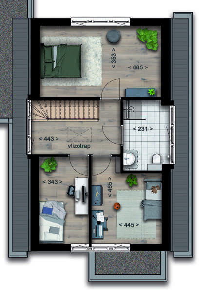 Plattegrond van de verdieping van de Jaren 30 Royaal met vijf slaapkamers