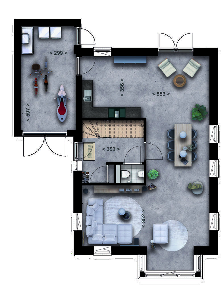 Plattegrond van de begane grond van een jaren-30 woning met woonkamer, keuken, bijkeuken en garage