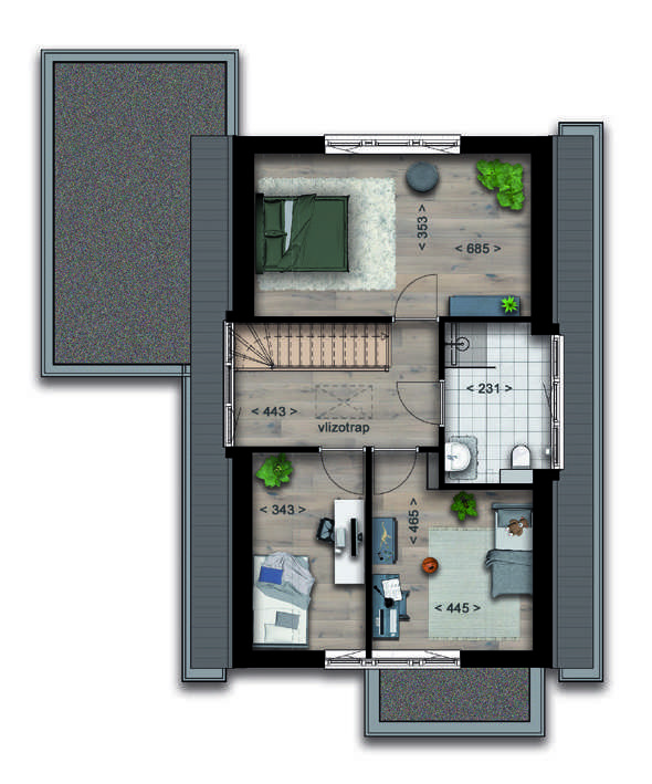 Plattegrond van de eerste verdieping van een jaren-30 woning met drie slaapkamers en badkamer