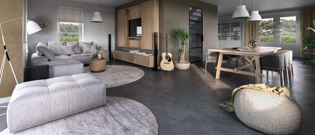 Interieur van een jaren-30 woning met woonkamer, open keuken, eethoek en moderne inrichting
