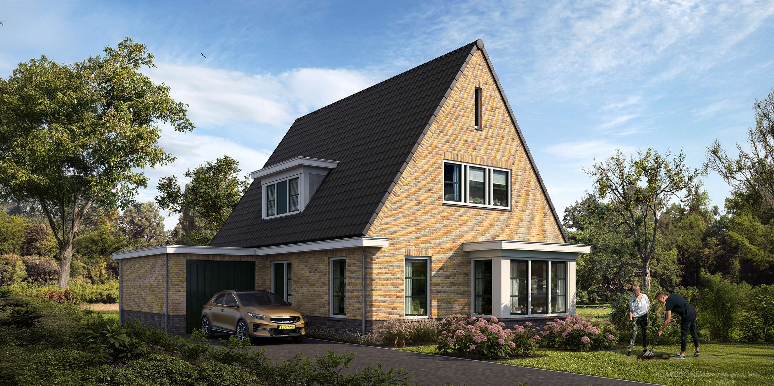 Jaren-30 woning met gele bakstenen gevel, donkere dakpannen en ruime tuin