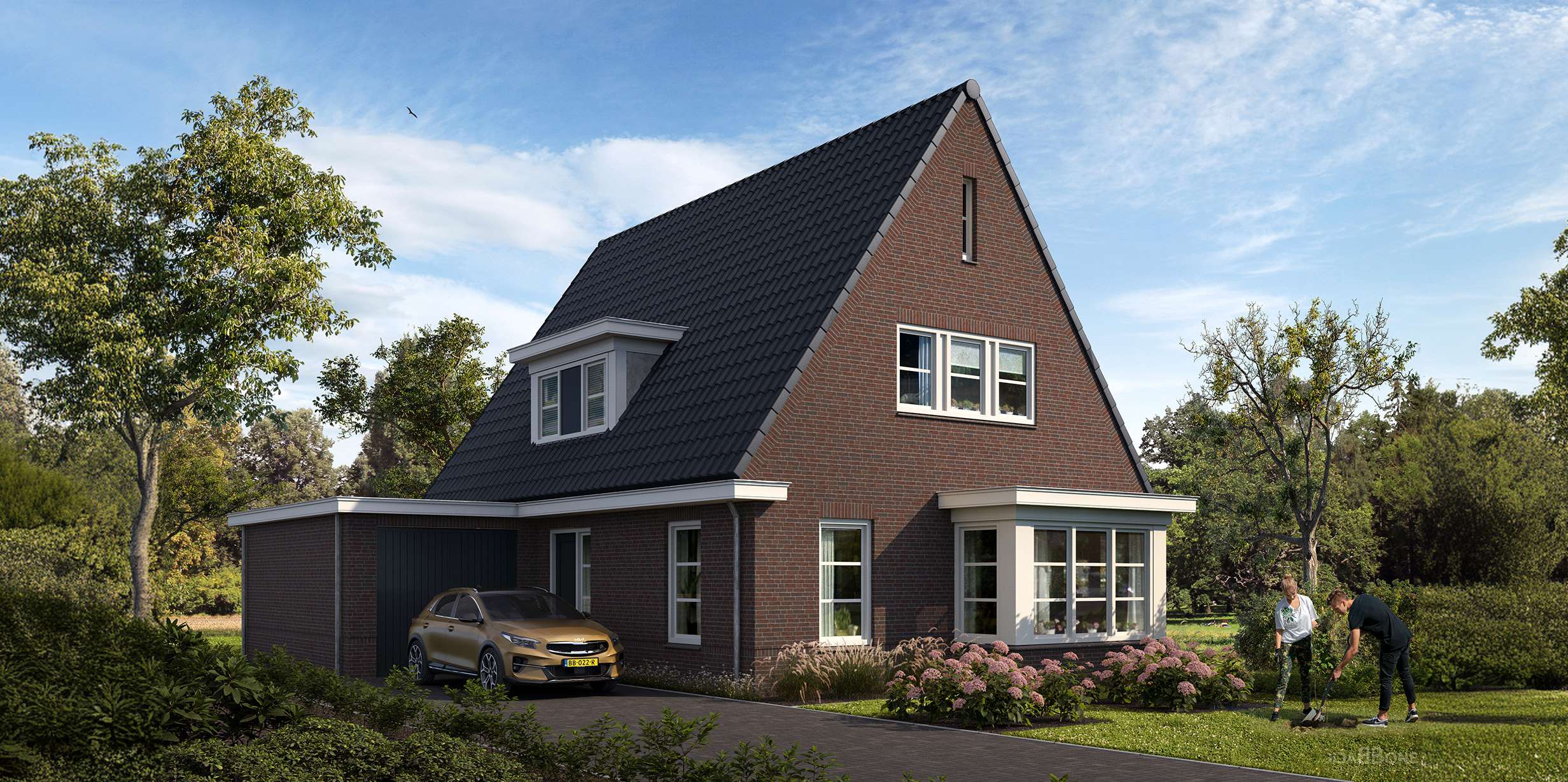 Jaren-30 woning met rode bakstenen gevel, donkere kap en aangebouwde garage