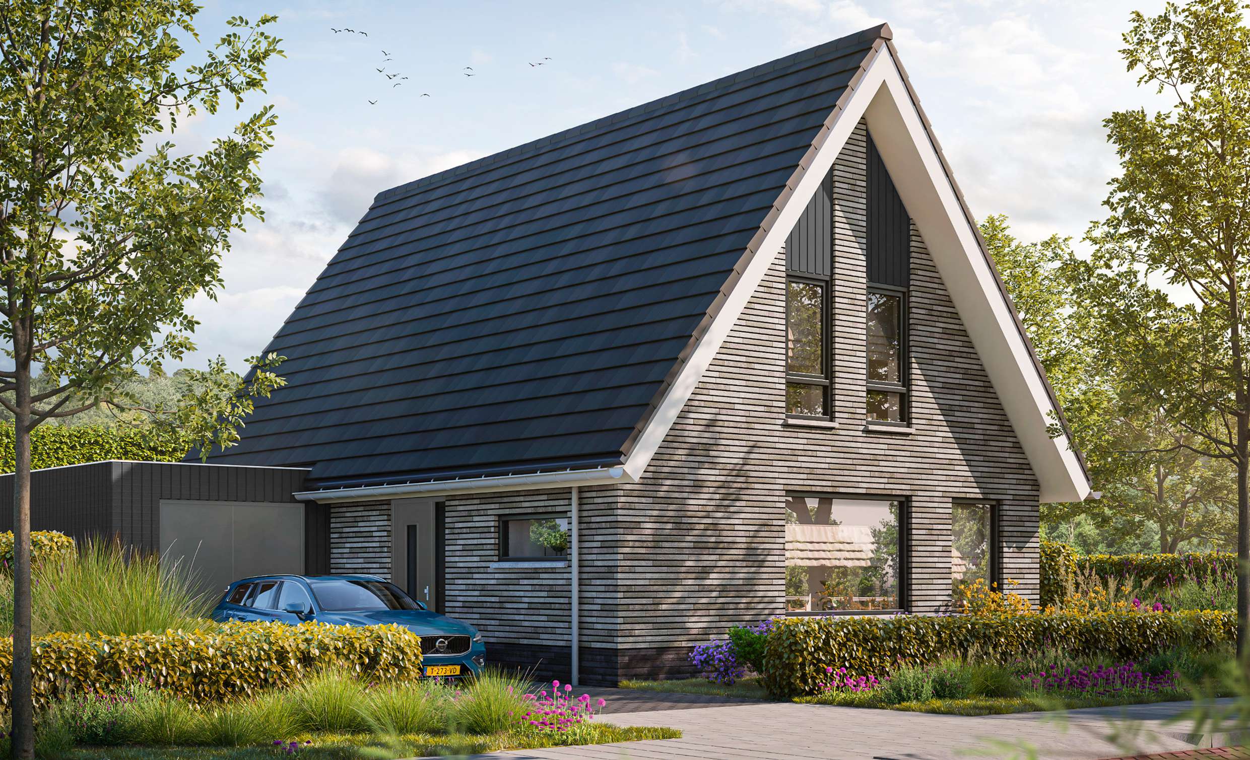Moderne uitvoering jaren-30 woning Jaren-30 woning met donkere dakpannen, lichte bakstenen gevel en zwarte gevelbekleding